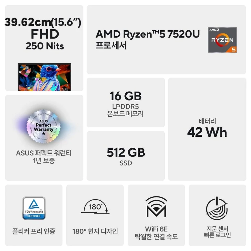 에이수스 비보북 고 15.6 쿨실버 약 15.6인치에 해당함 • 라이젠5 • 512GB • 16GB • Free DOS • 없음 • E1504FA-BQ476