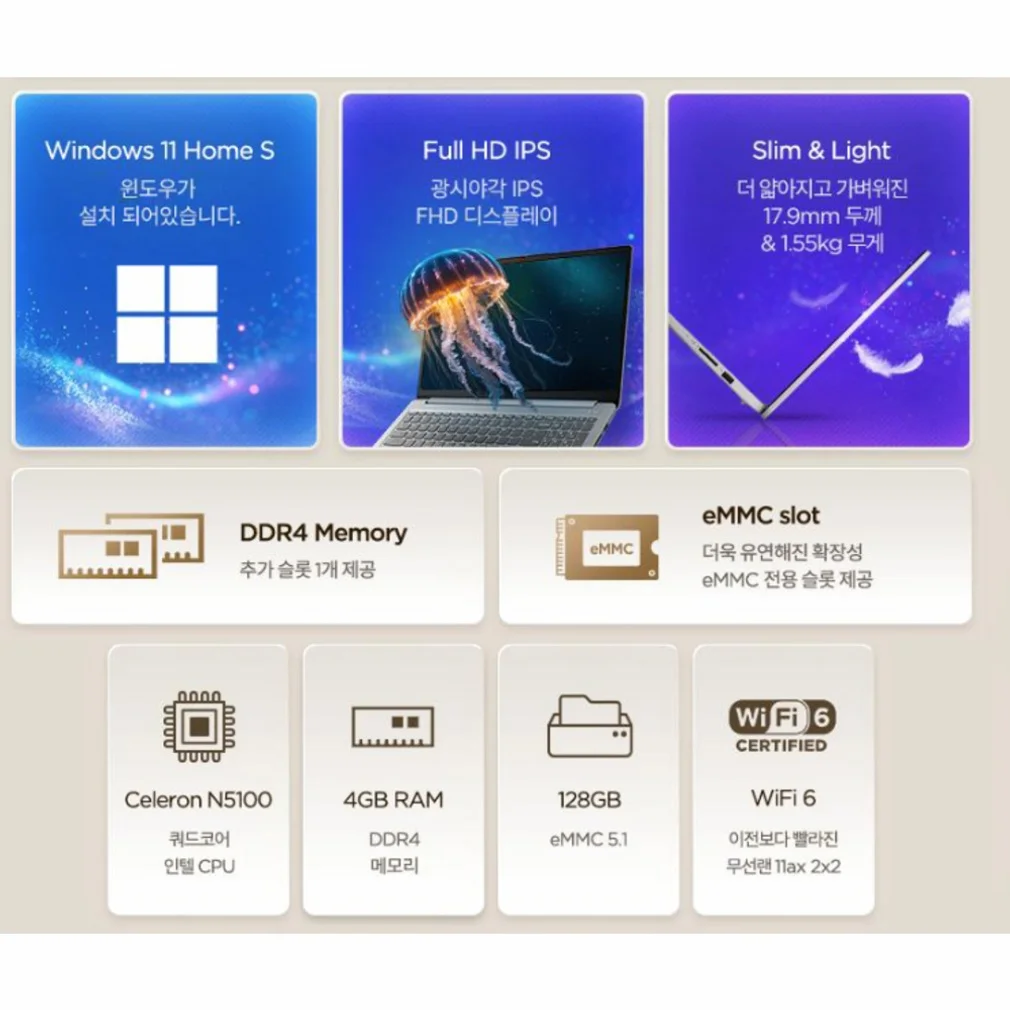 레노버 IdeaPad 클라우드그레이 약 15.6인치에 해당함 • 셀러론 • 128GB • 4GB • WIN11 S • 2025.02 • IdeaPad 1 15IJL7