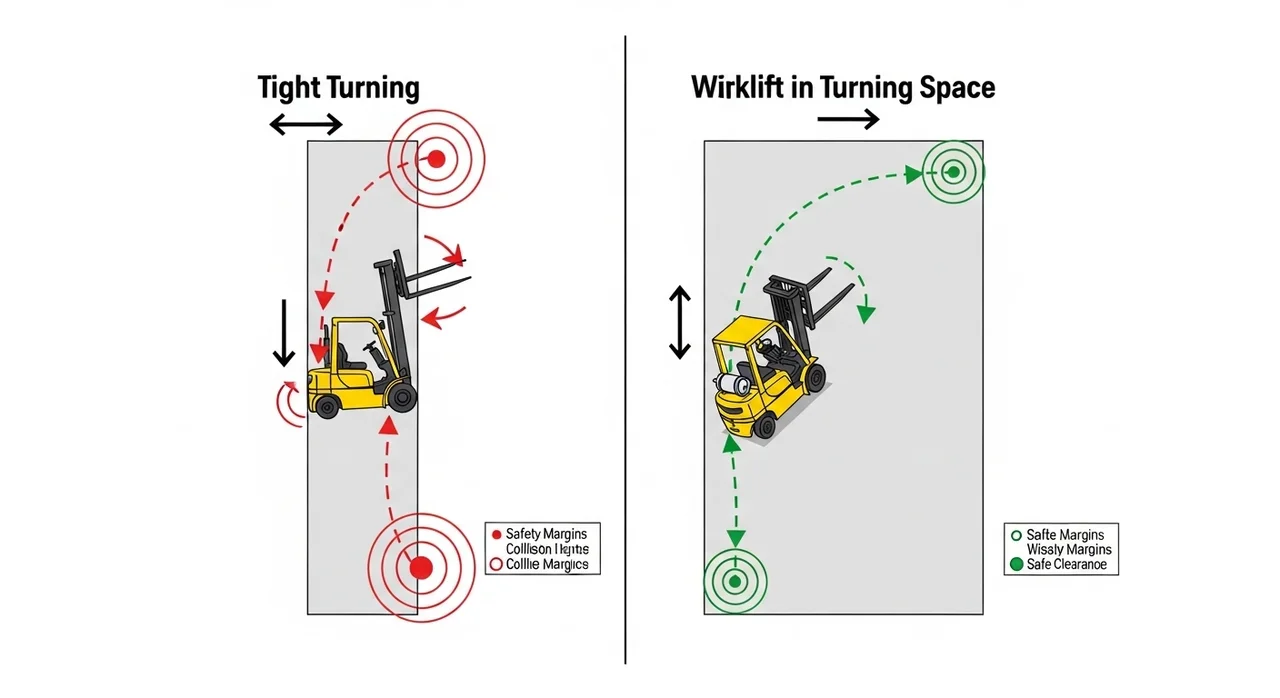 이론적 선회반경 vs 실제 작업 공간의 차이