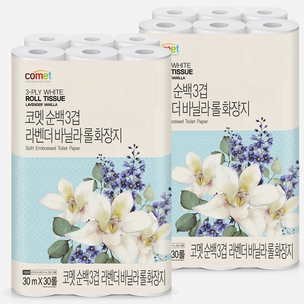코멧 순백 3겹 라벤더 바닐라 롤화장지, 30m, 30개입, 2개