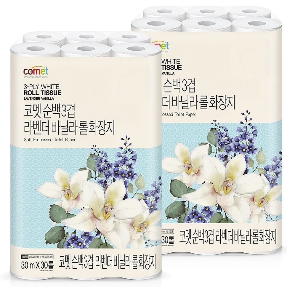 코멧 순백 3겹 라벤더 바닐라 롤화장지, 30m, 30개입, 2개