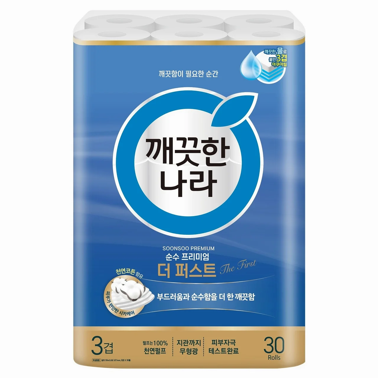 깨끗한나라 순수 프리미엄 더 퍼스트 천연펄프 3겹 고급롤화장지, 30m, 30개입, 1개