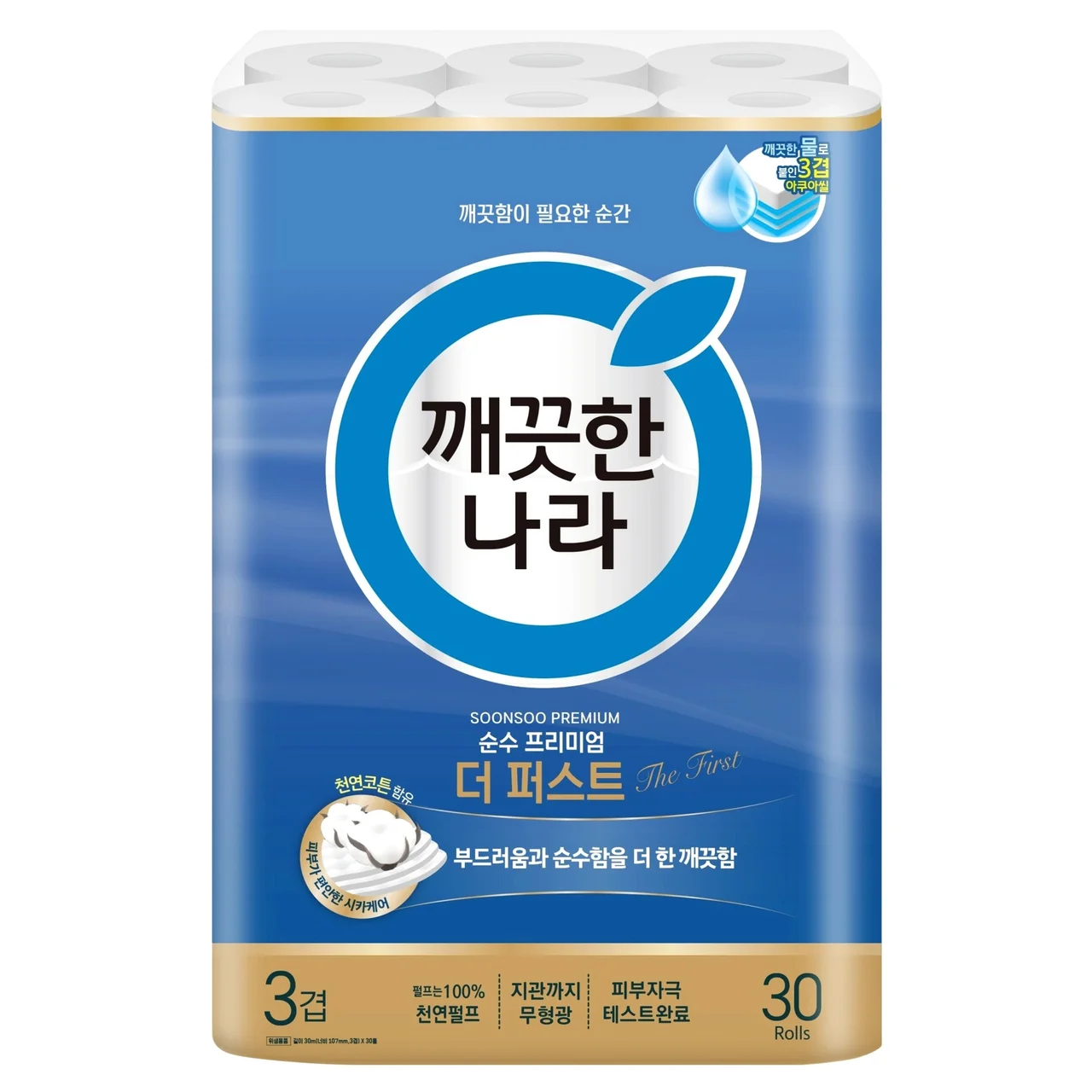 깨끗한나라 순수 프리미엄 더 퍼스트 천연펄프 3겹 고급롤화장지, 30m, 30개입, 1개