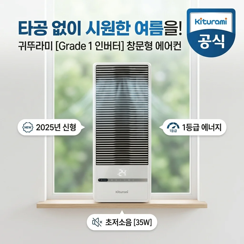 귀뚜라미 1등급 인버터 창문형에어컨 35W 2025년형, 타공 없이 여름 나기!