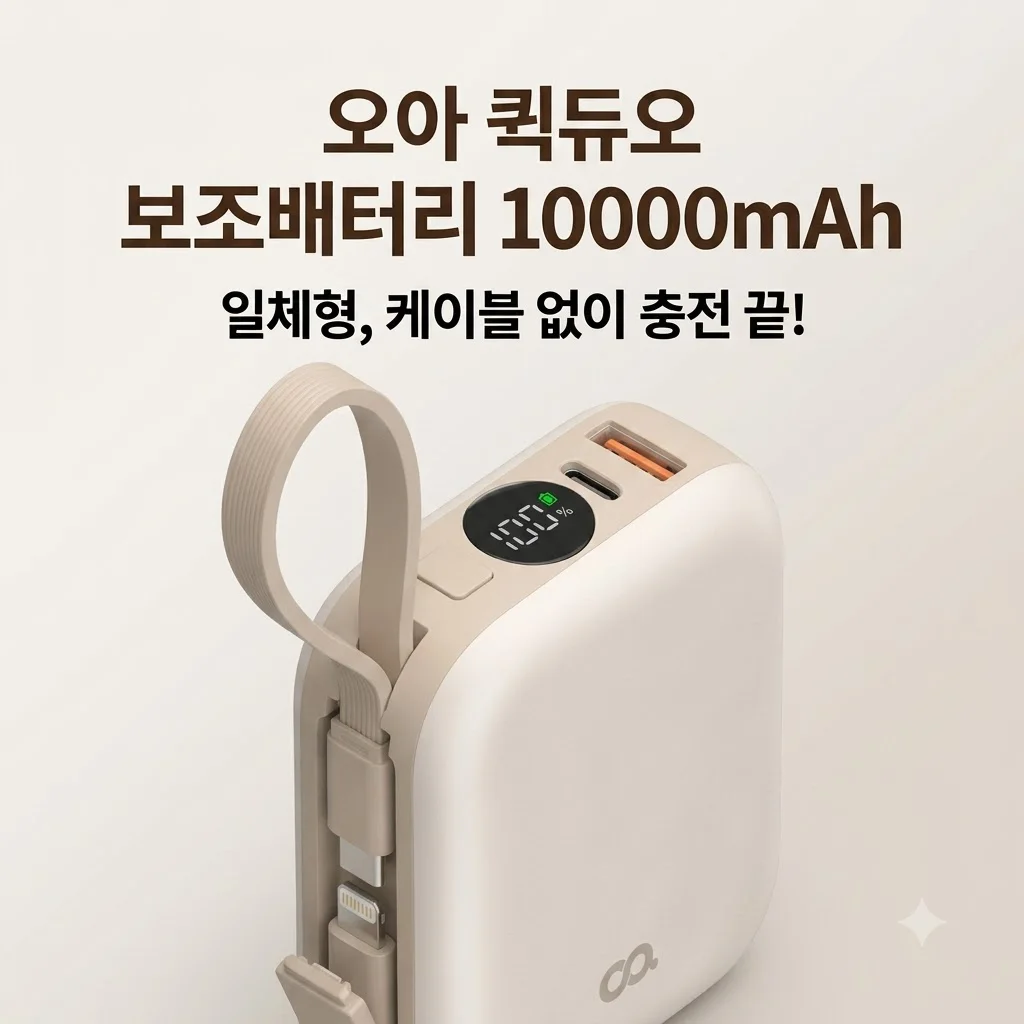 오아 퀵듀오 보조배터리 10000mAh 일체형, 케이블 없이 충전 끝!