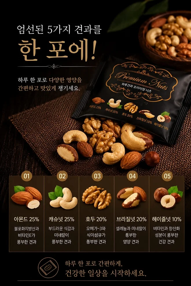 프리미엄하루견과 50포 1박스 선물세트 5종 혼합견과 개별포장 건강간식 20g, 50개 [원산지:국산] 상세 이미지 4