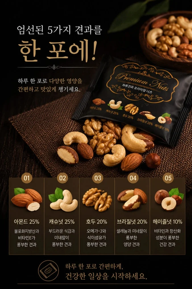프리미엄하루견과 50포 1박스 선물세트 5종 혼합견과 개별포장 건강간식 20g, 50개 [원산지:국산] 상세 이미지 4