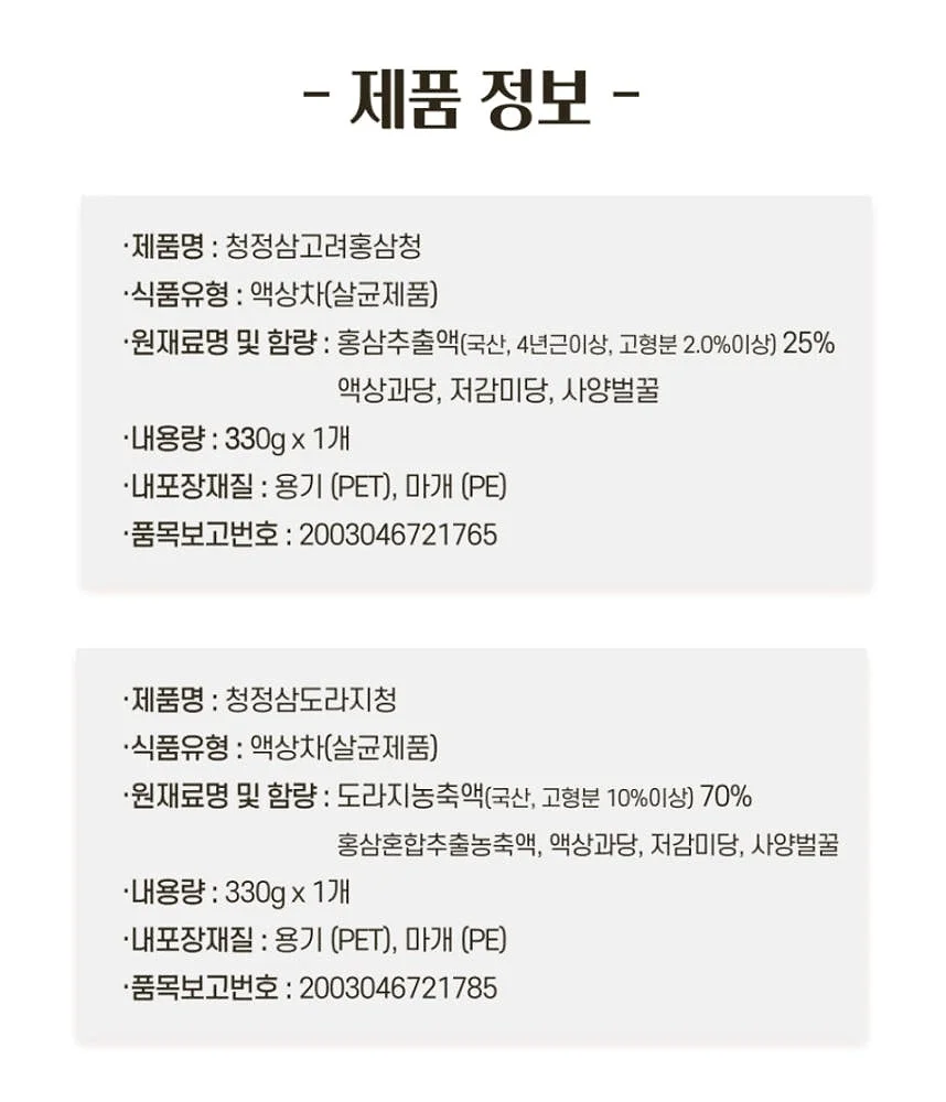 청정인삼 고려홍삼청선물세트 330g 2병 [원산지:국산(충청남도 금산군)] 상세 이미지 1